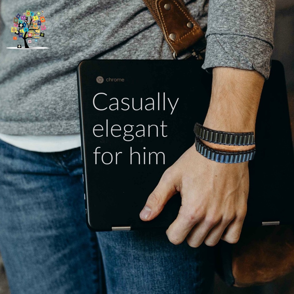 Black Leather Wrap Bracelet Hematite Beads for Men - Picture 4 of 4